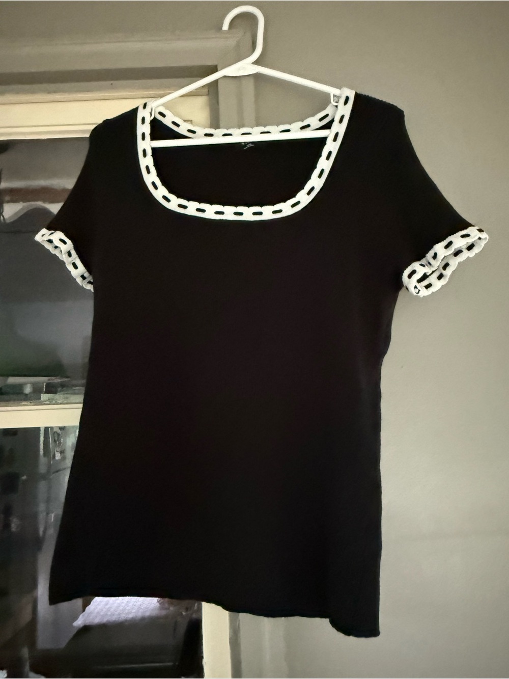 Women's Black Short Sleeve Top with White Loop Trim